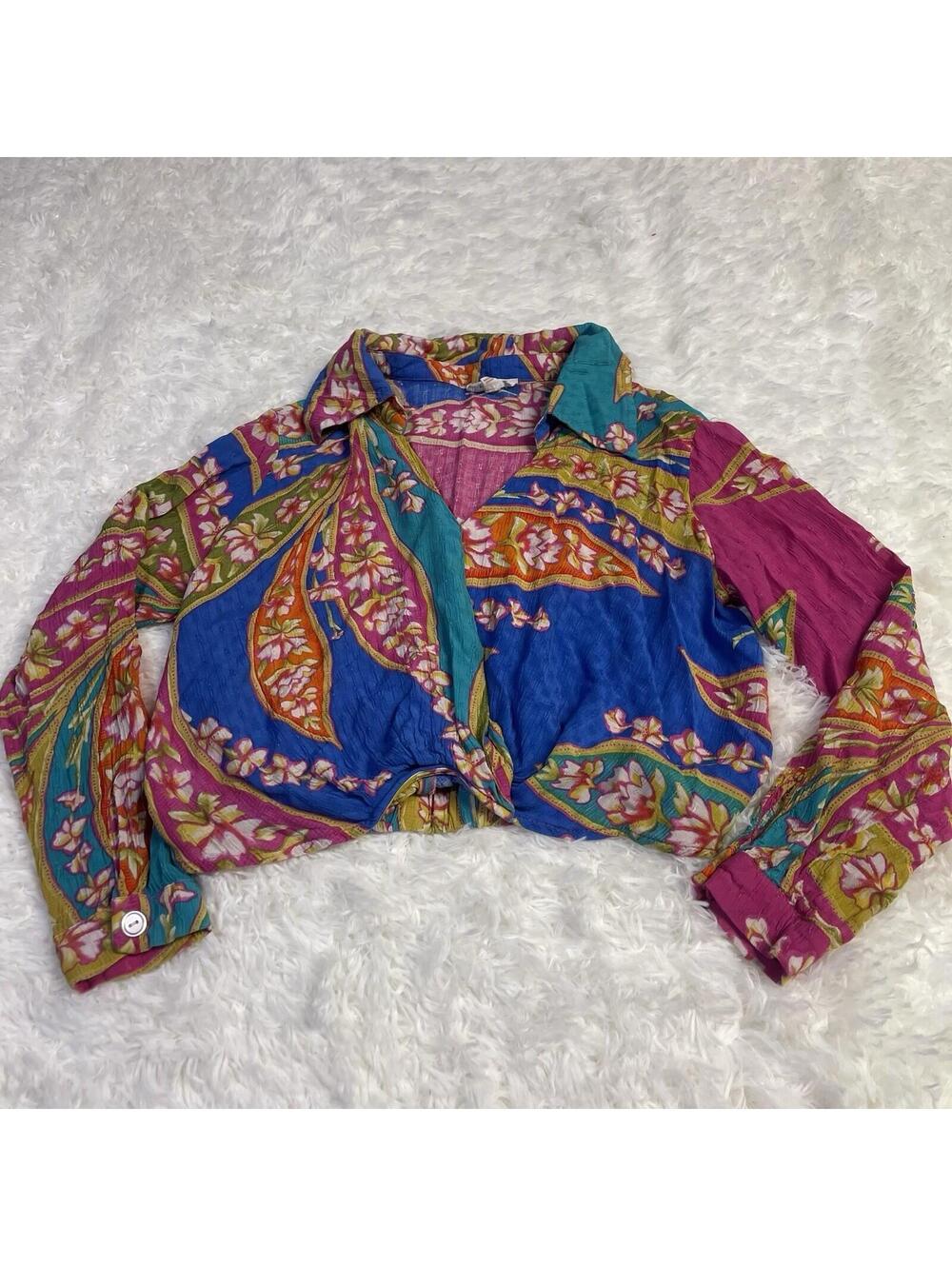 Haute Hippie Floral Long Sleeve Crop Blouse Shirt Size XS Boho Multicolor